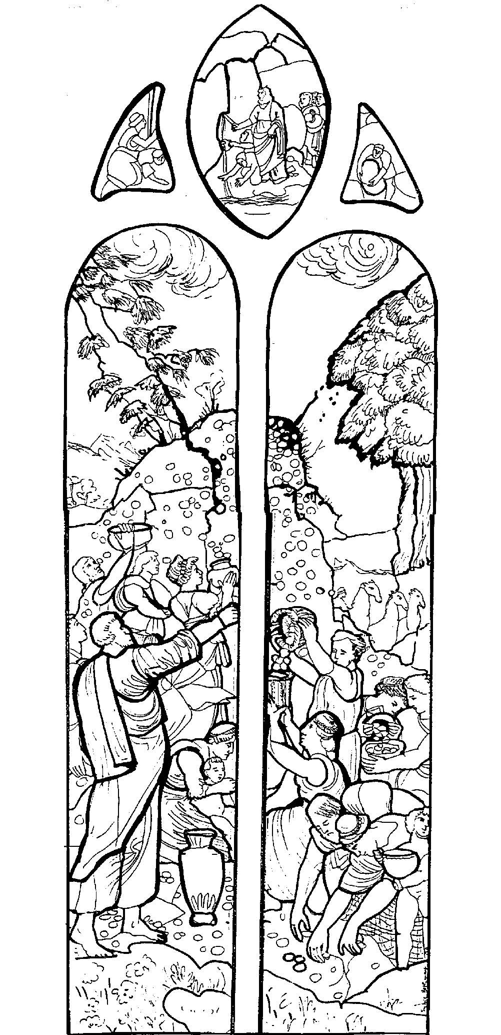Pagina da colorare di una vetrata di scena mistica molto alta