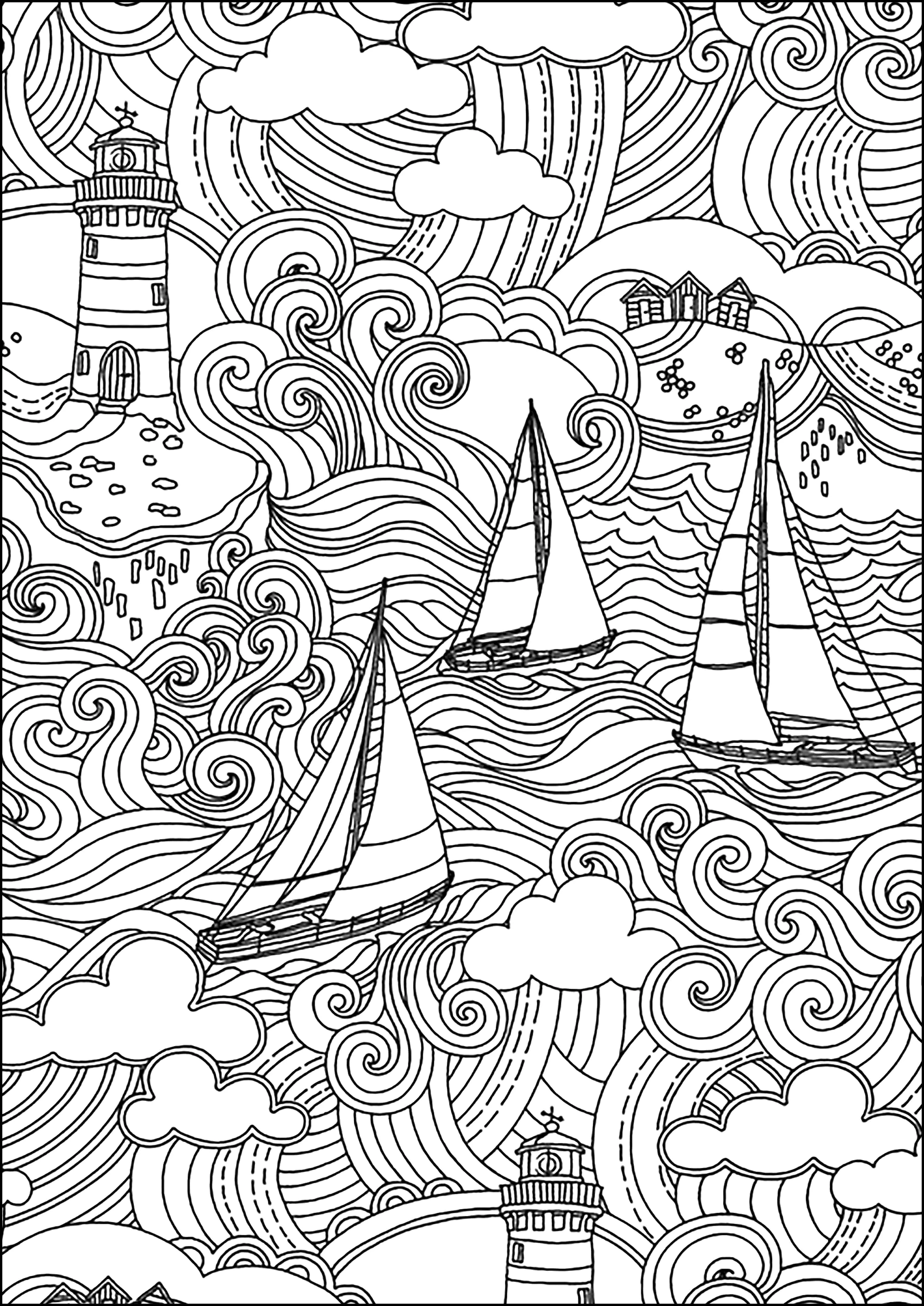 Magnifica scena marina con faro, barche, onde e cielo nuvoloso (Pagina Water worlds da Colorare per adultos)