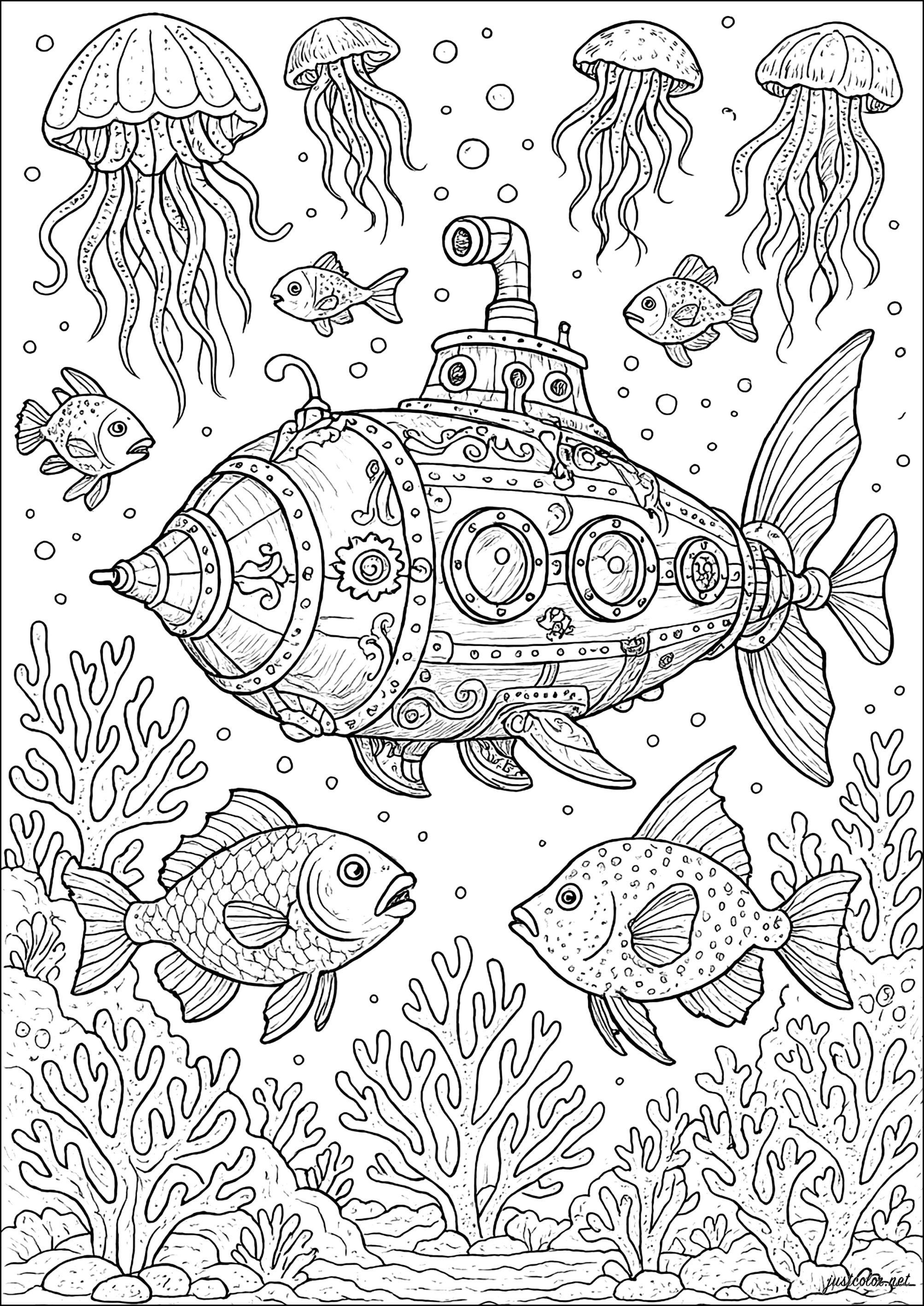 Fantastica spedizione sottomarina (Pagina Water worlds da Colorare per adultos)