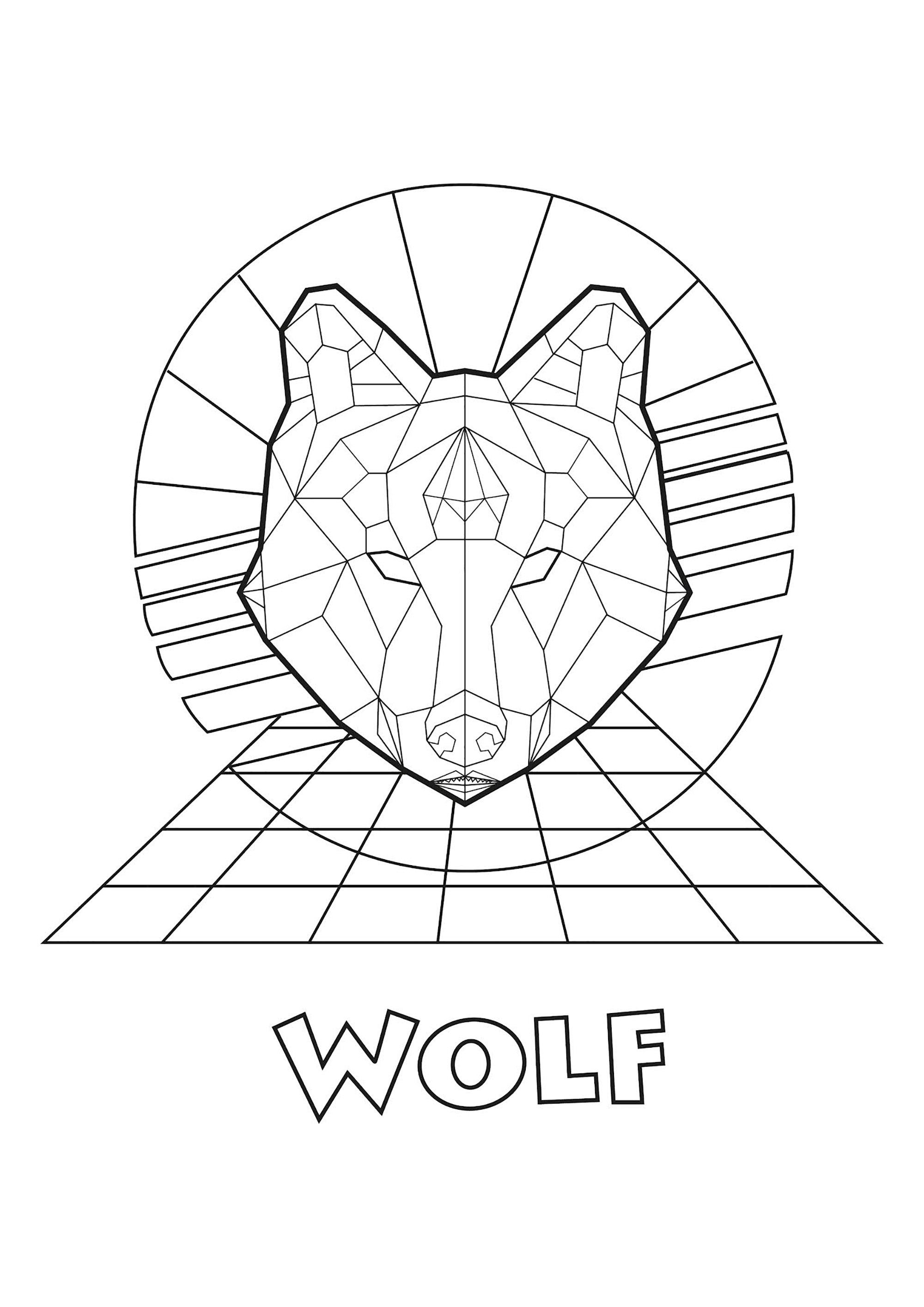 Testa di lupo creata con linee rette, con sfondo geometrico, Artista : Esteban