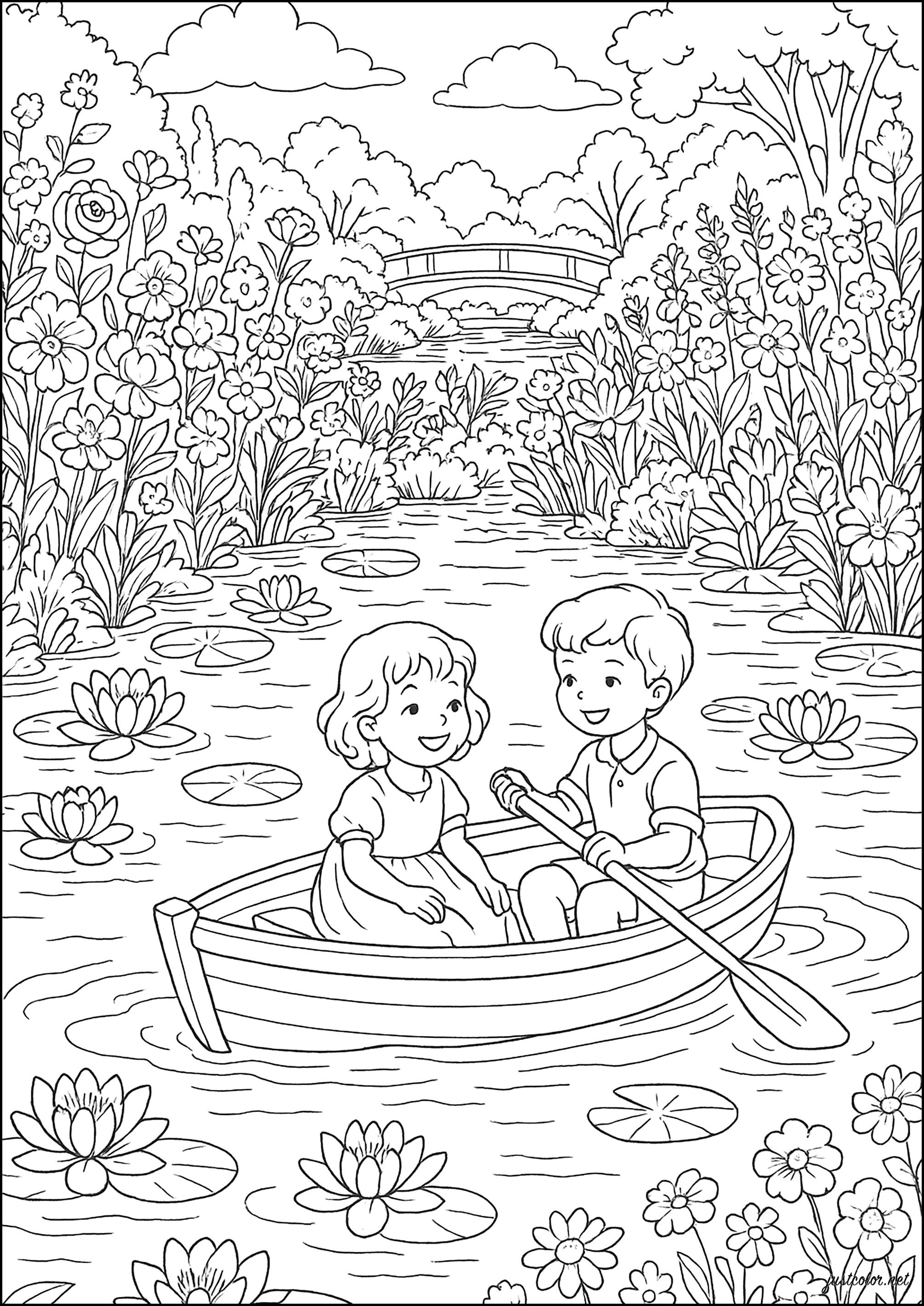 Gita in barca nel giardino di Claude Monet (Pagina Giardini meravigliosi da Colorare per adultos)