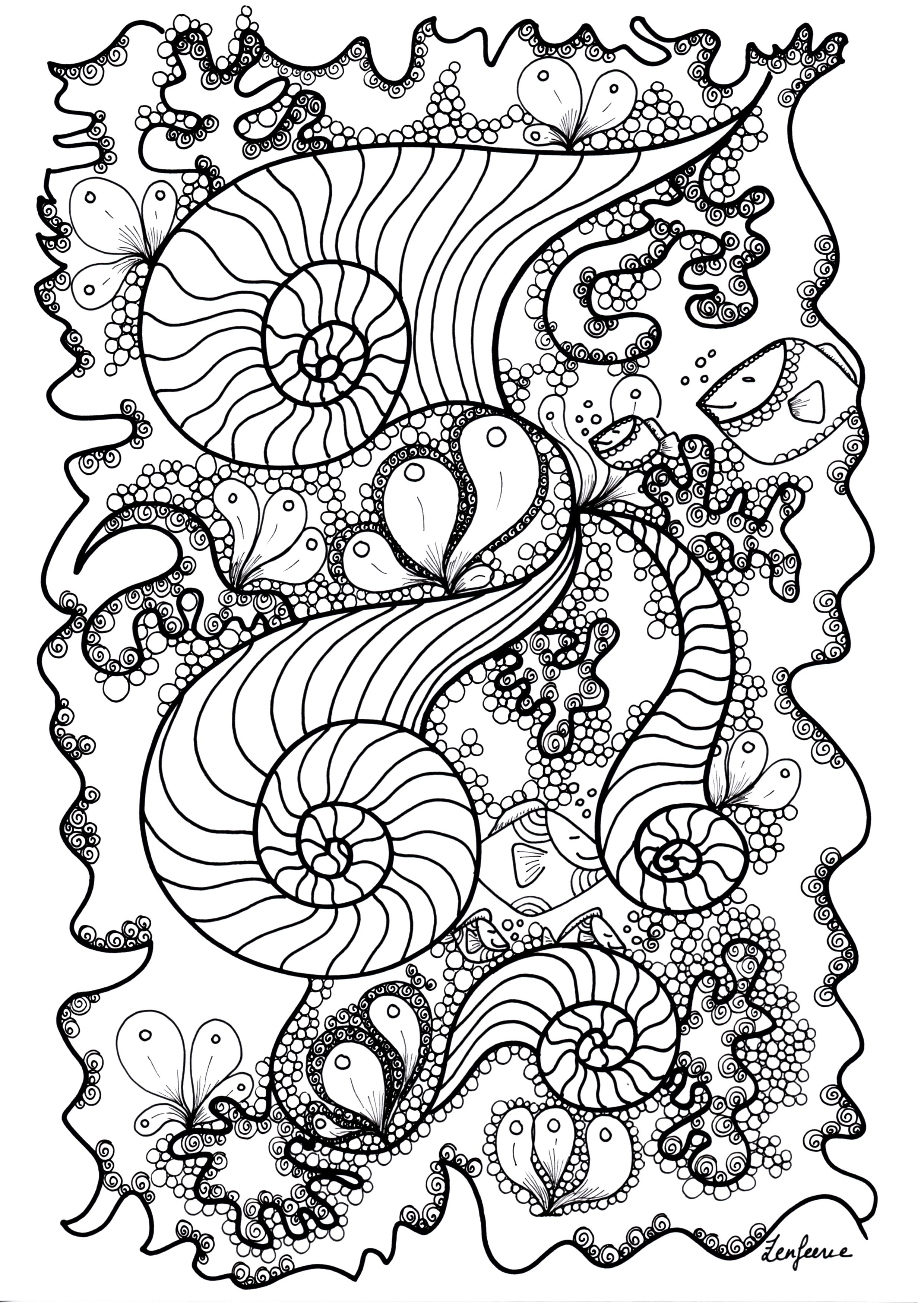 Pesce nascosto in un bellissimo disegno Zentangle, Artista : Zen Féérie