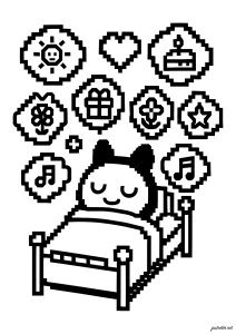 ピクセル化されたベッドでの甘い夢 (子ども向けぬりえ：たまごっち)