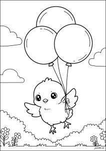 風船で飛んでいくひよこ (子ども向けぬりえ：ひよこ)