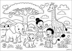 サバンナでの楽しい一日 (子ども向けぬりえ：アフリカ)