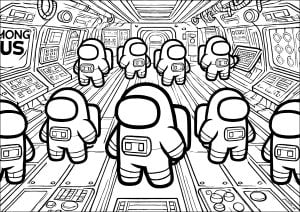 宇宙船内のAmong Usキャラクター (子ども向けぬりえ：アモング・アス)