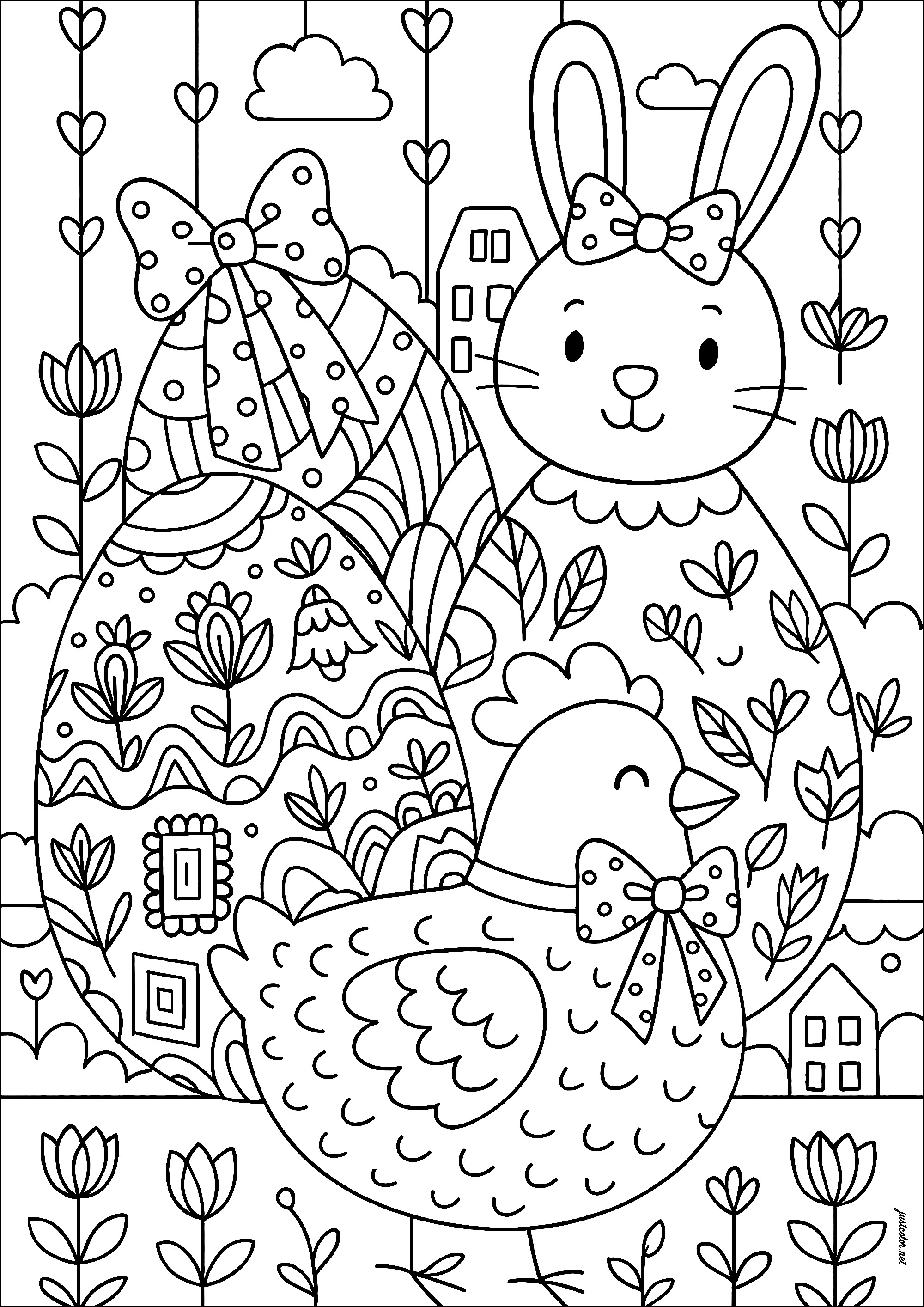 ウサギがイースターエッグの仮装をしています！ - 子ども向けぬりえページ：イースター, image size:2000x2828