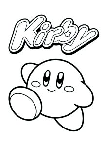 有名で愛らしいピンクのボール、そしてKIRBYのロゴ (子ども向けぬりえ：カービィ)