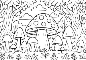 魔法のキノコの森 (子ども向けぬりえ：キノコ)