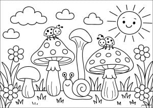 魔法のキノコの森 (子ども向けぬりえ：キノコ)