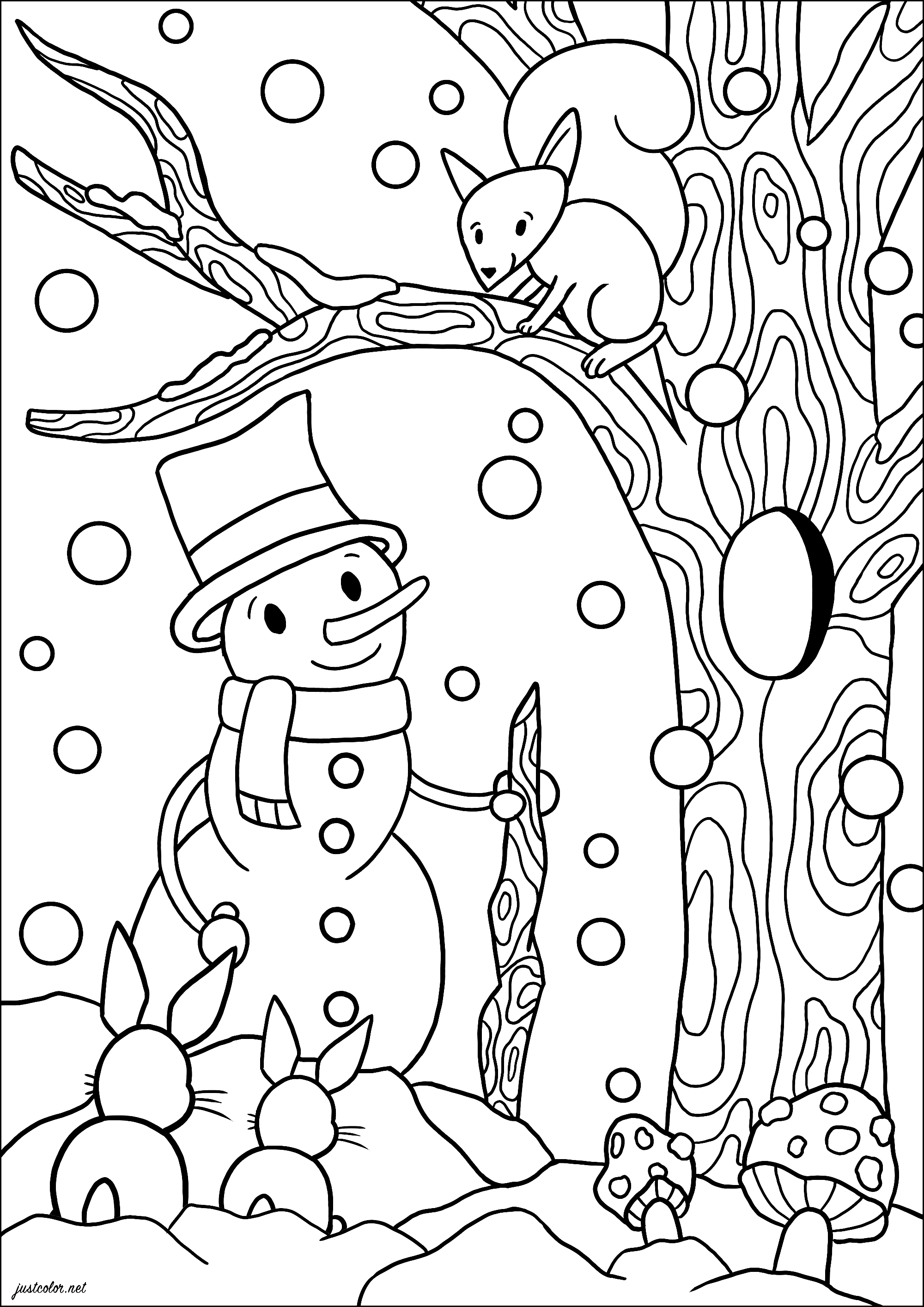 雪だるまと動物たち - 子ども向けぬりえページ：クリスマス, image size:2000x2828