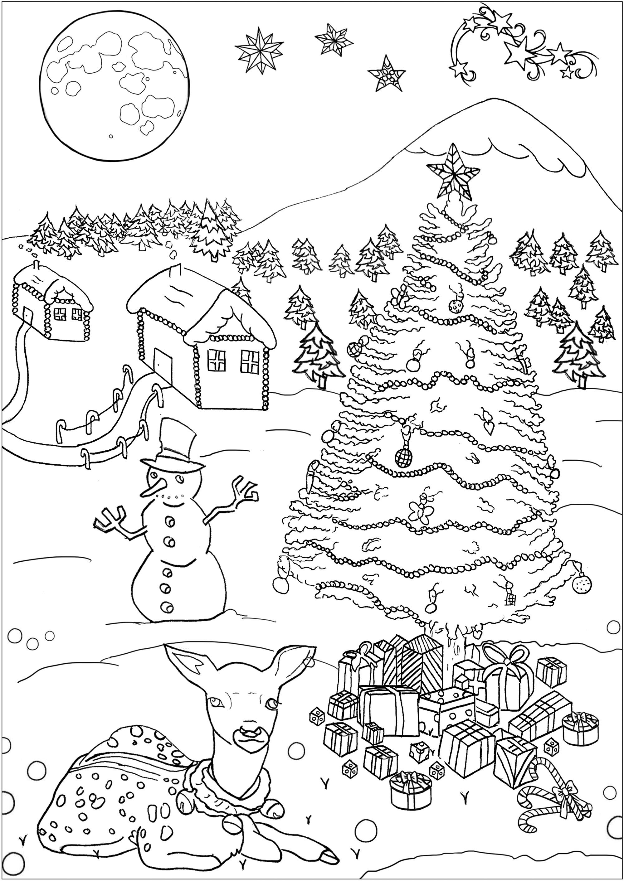 美しいクリスマスの風景 - 子ども向けぬりえページ：クリスマス, image size:2000x2825