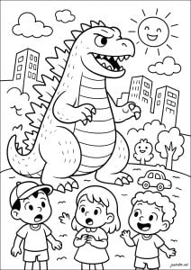 ゴジラと怖がる子供たち (子ども向けぬりえ：ゴジラ)