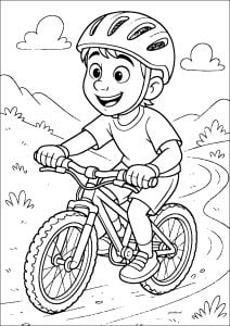 若い少年がマウンテンバイクに乗っている (子ども向けぬりえ：スポーツ)