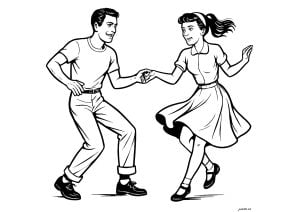 ロックンロールを踊るカップル (子ども向けぬりえ：ダンス)