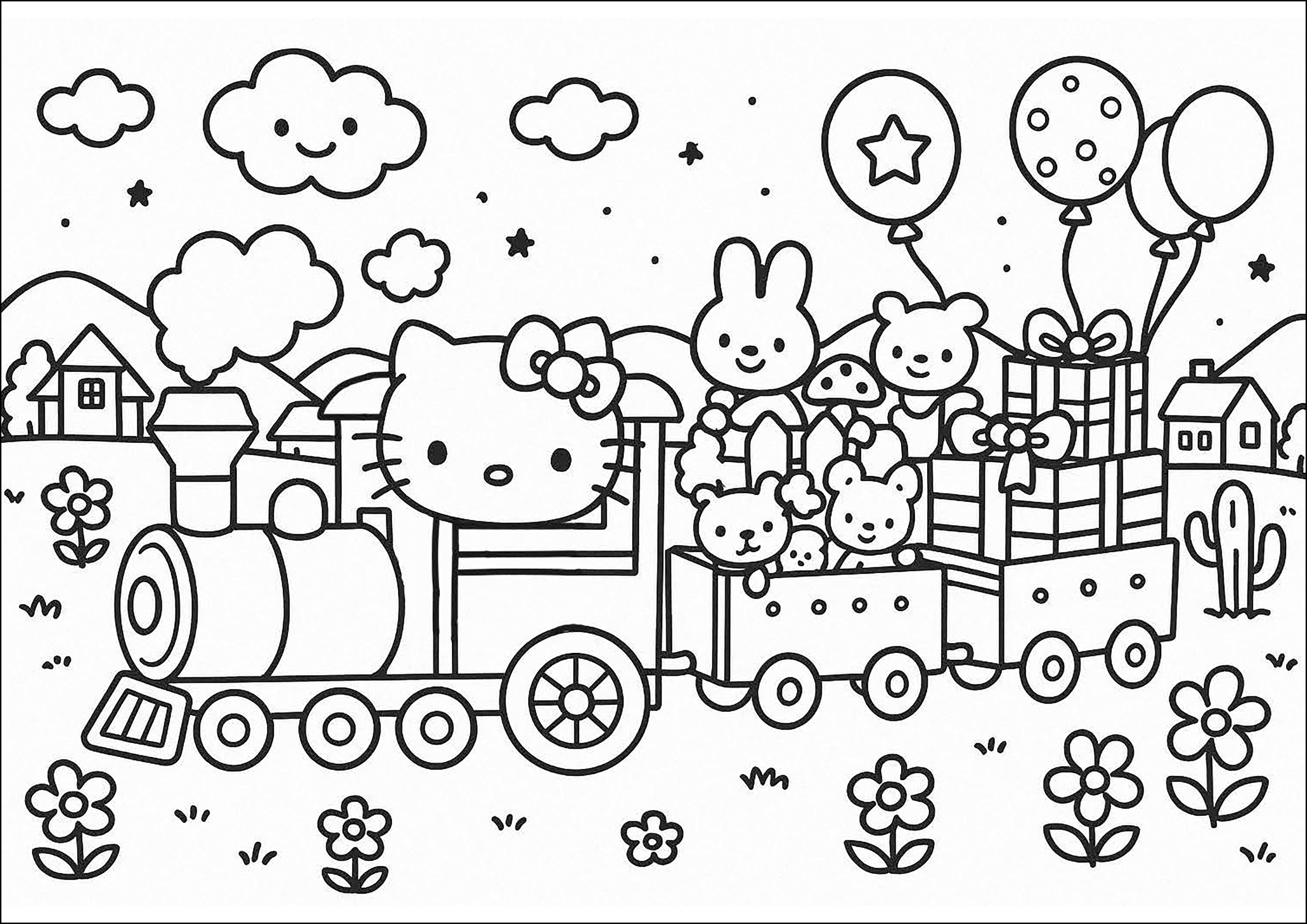 小さなハローキティの汽車 - 子ども向けぬりえページ:ハローキティ