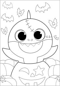 ベビーシャークとハロウィーン：コウモリとかぼちゃ (子ども向けぬりえ：ベイビーシャーク)