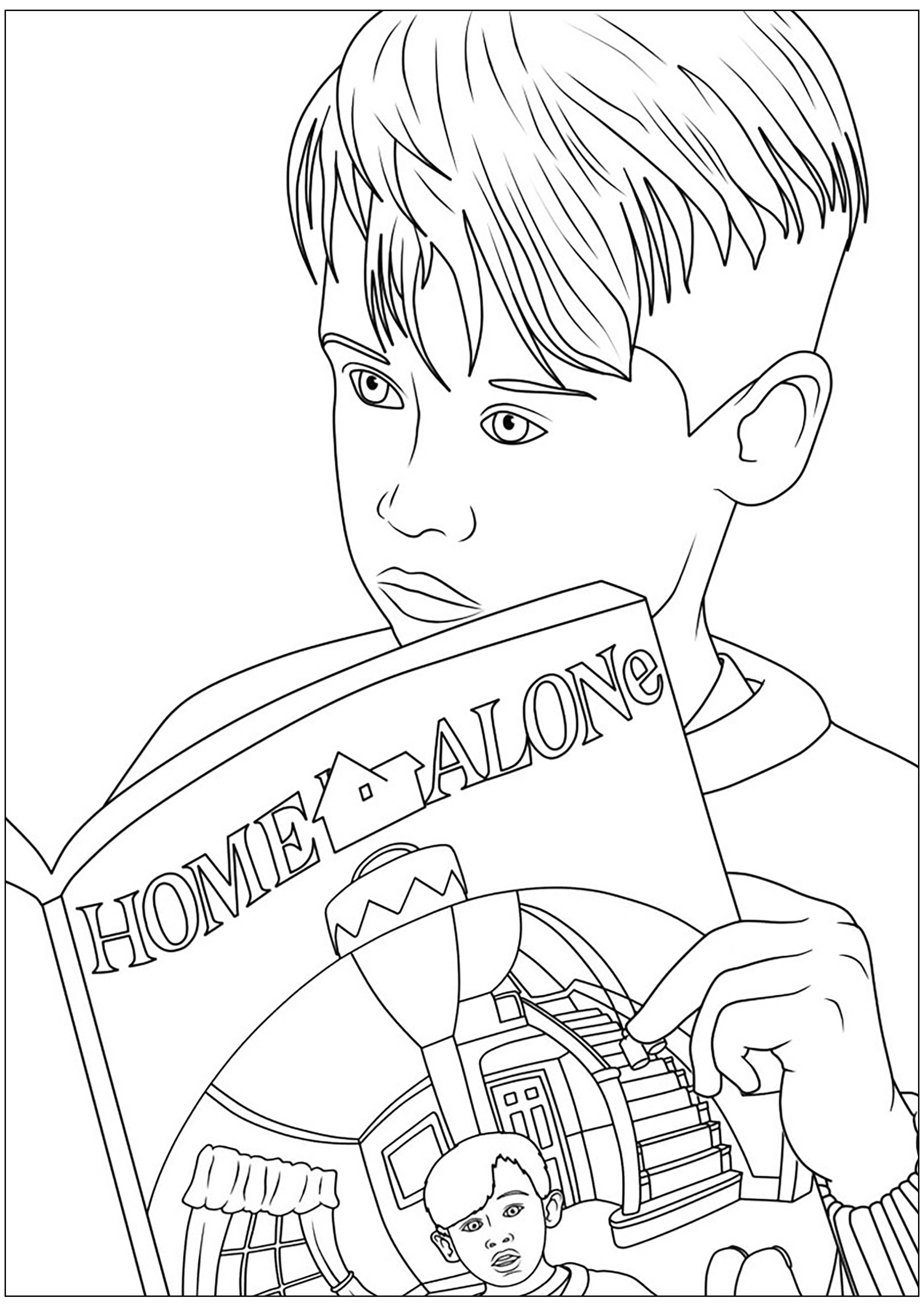 ケビンは読書に夢中です - 子ども向けぬりえページ：ホーム・アローン, image size:2000x2828