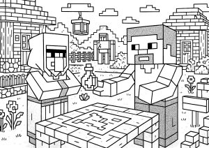 謎の人物がプレイヤーに水筒を渡す (子ども向けぬりえ：マインクラフト)