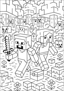 スティーブとアレックス、密林での冒険の真っ最中 (子ども向けぬりえ：マインクラフト)
