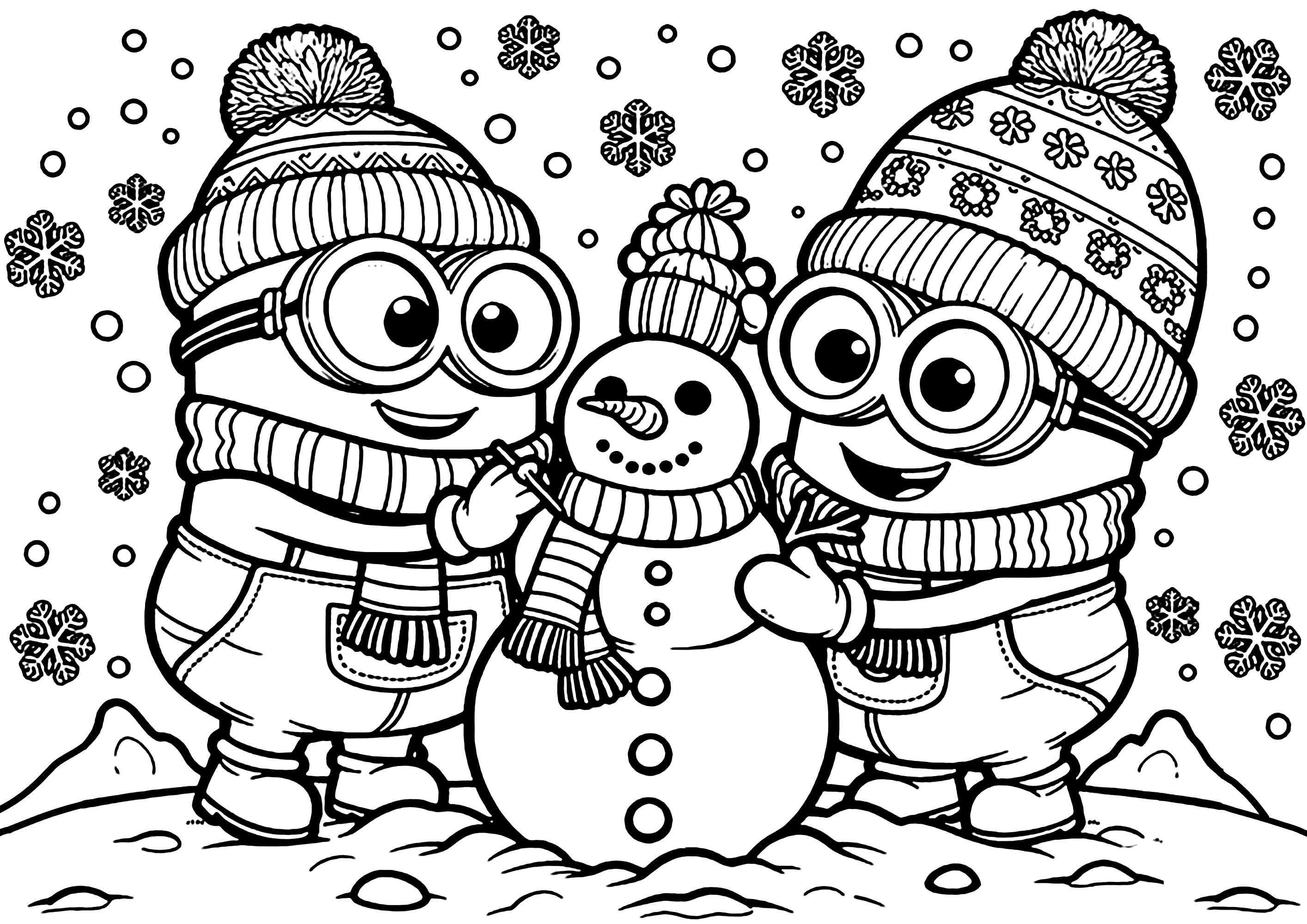 ミニオンと雪だるま - 子ども向けぬりえページ：ミニオンズ, image size:2828x2000
