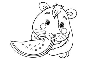 かわいい小さなモルモットが果物を食べている (子ども向けぬりえ：モルモット)