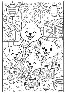犬の家族が旧正月を祝う (子ども向けぬりえ：中国の旧正月)