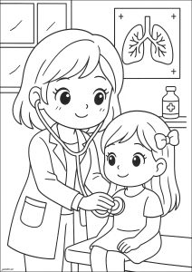 医者が少女を診察している (子ども向けぬりえ：仕事)