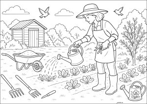 庭師が菜園に水をやっている (子ども向けぬりえ：仕事)