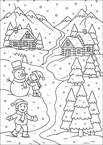 雪の中の美しい村 (子ども向けぬりえ：冬)