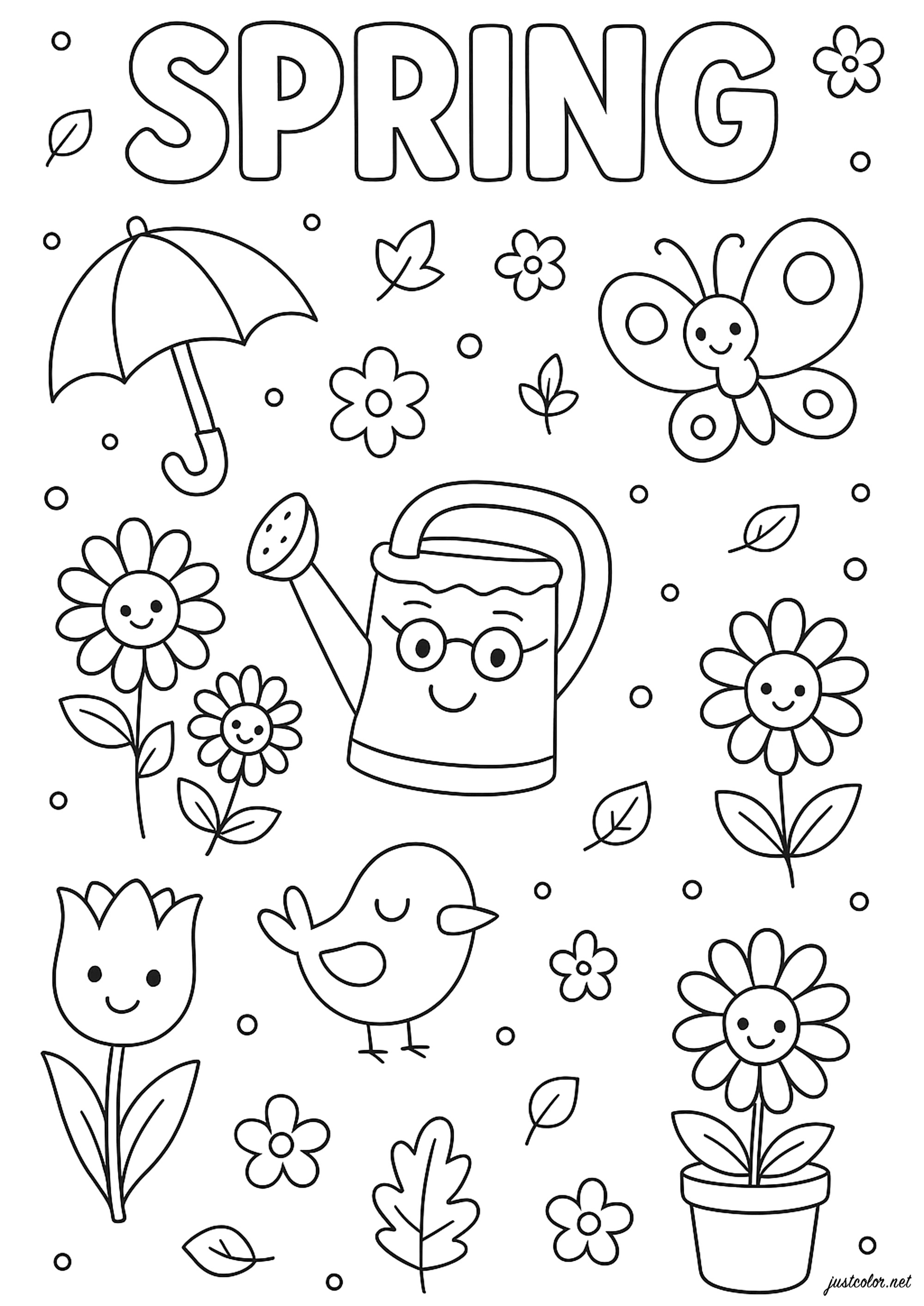 春のさまざまな象徴 - 子ども向けぬりえページ：春