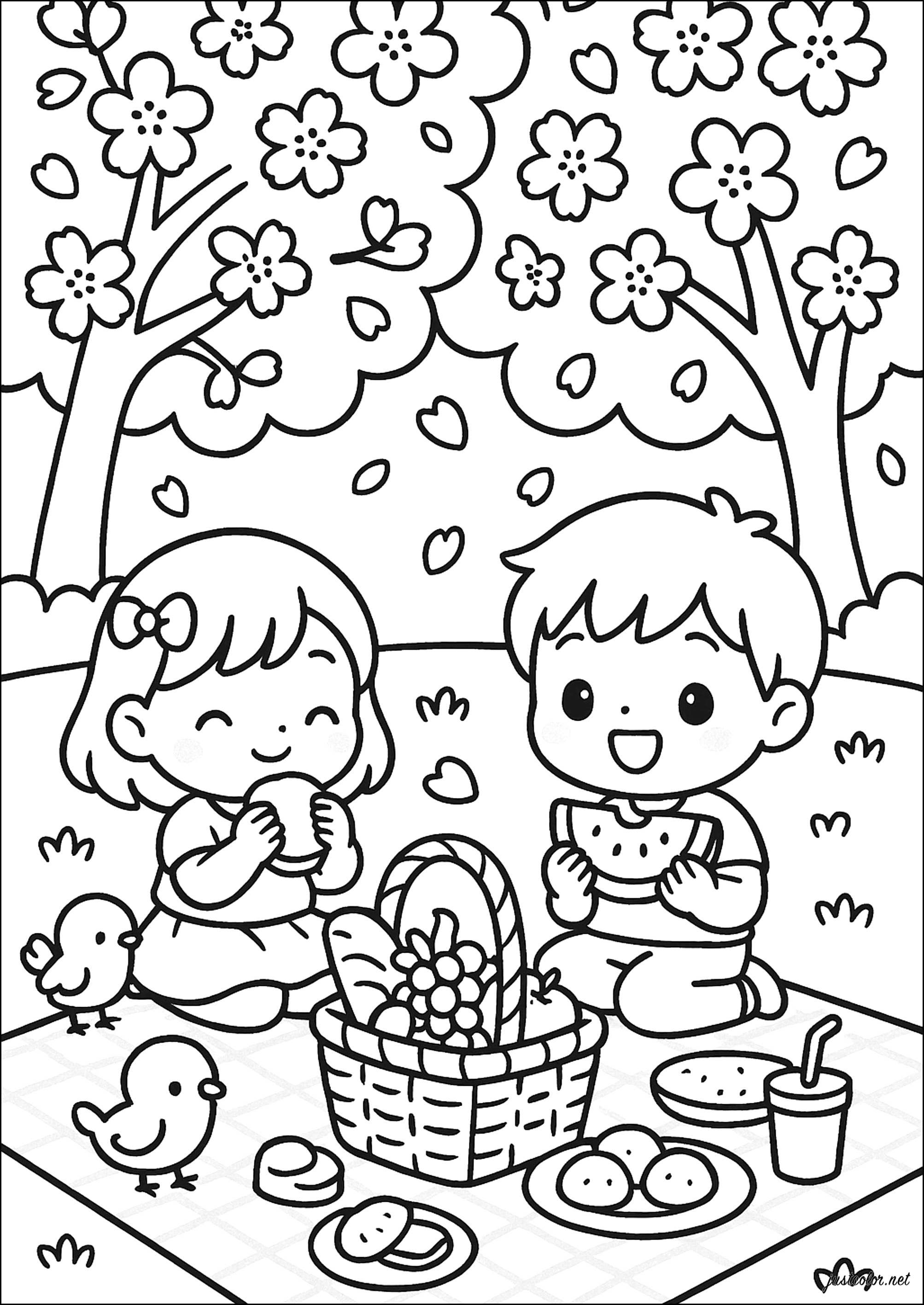楽しいアウトドアの一日 - 子ども向けぬりえページ：春