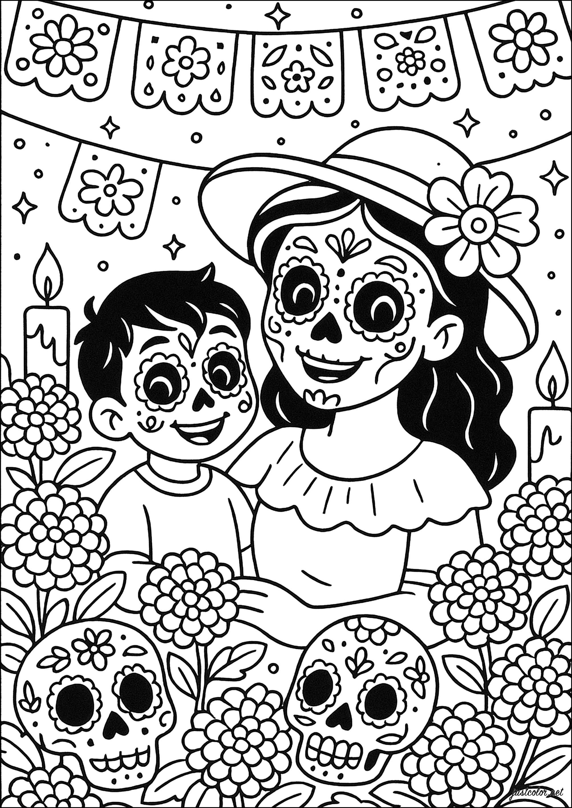 死者の日の陽気な祭り - 子ども向けぬりえページ:死者の日