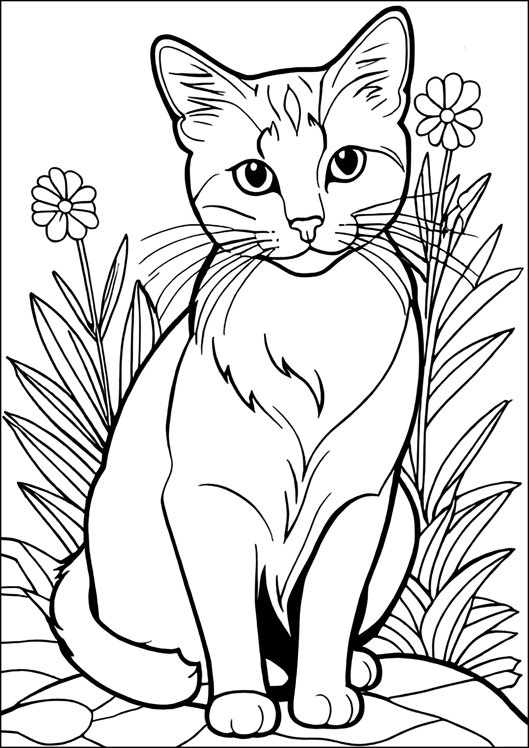 可愛い猫と花 - 子ども向けぬりえページ:猫