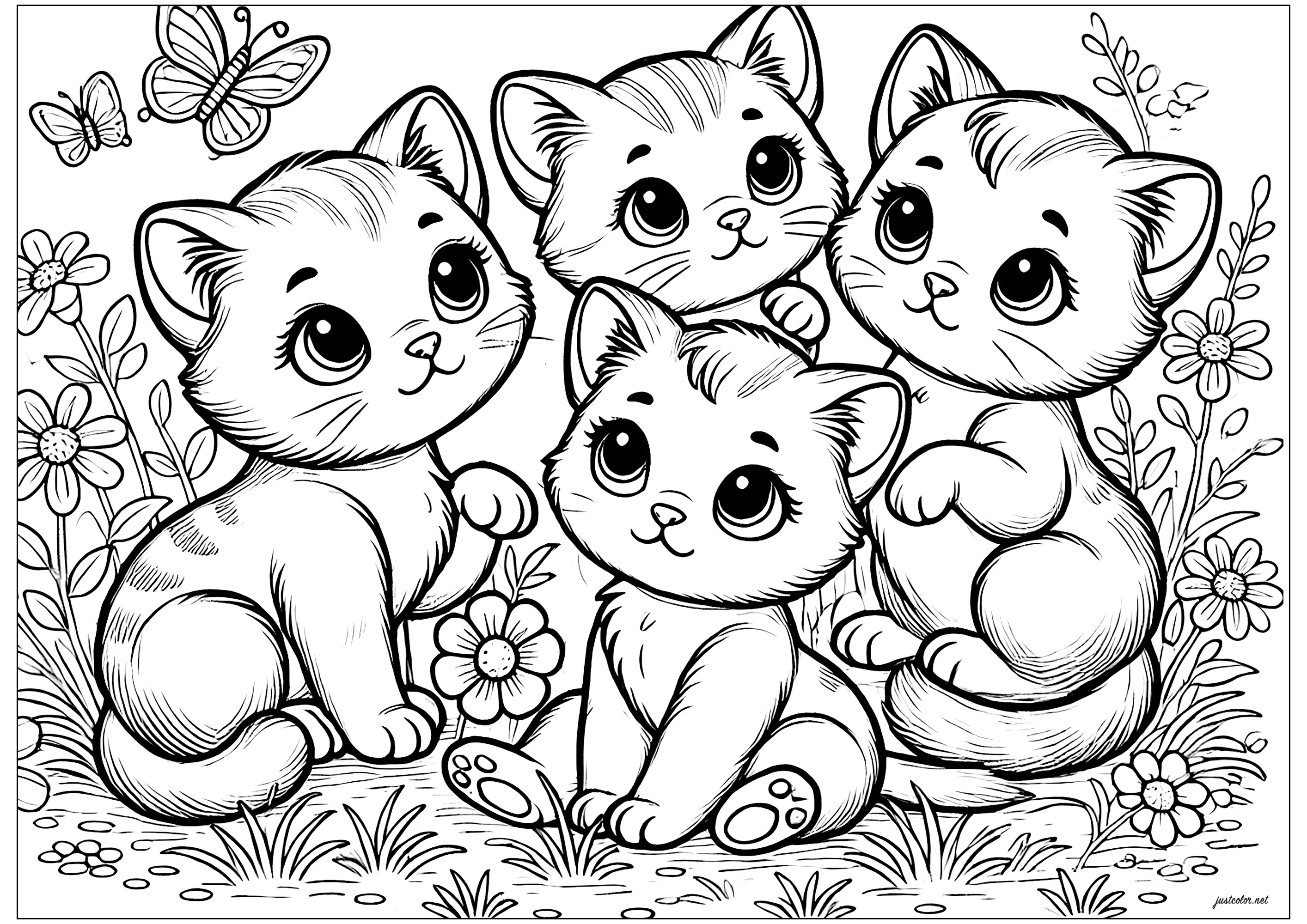 四匹の可愛い猫と蝶々 - 子ども向けぬりえページ:猫