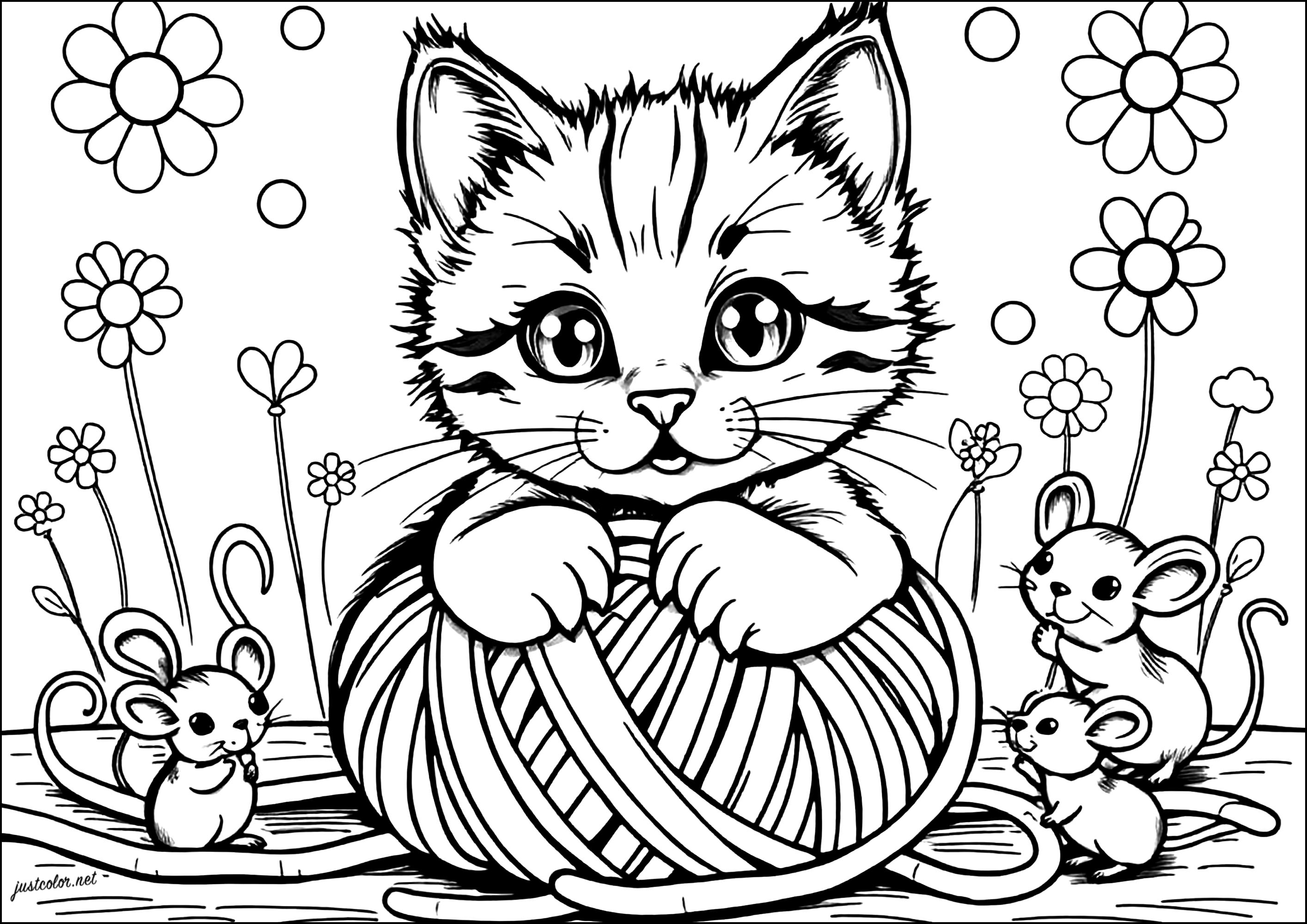 小さな猫と毛糸玉 - 子ども向けぬりえページ:猫