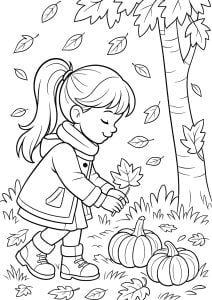 小さな女の子が枯れ葉を拾っている (子ども向けぬりえ：秋)