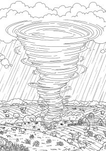 牛のいる牧場に竜巻 (子ども向けぬりえ：竜巻)