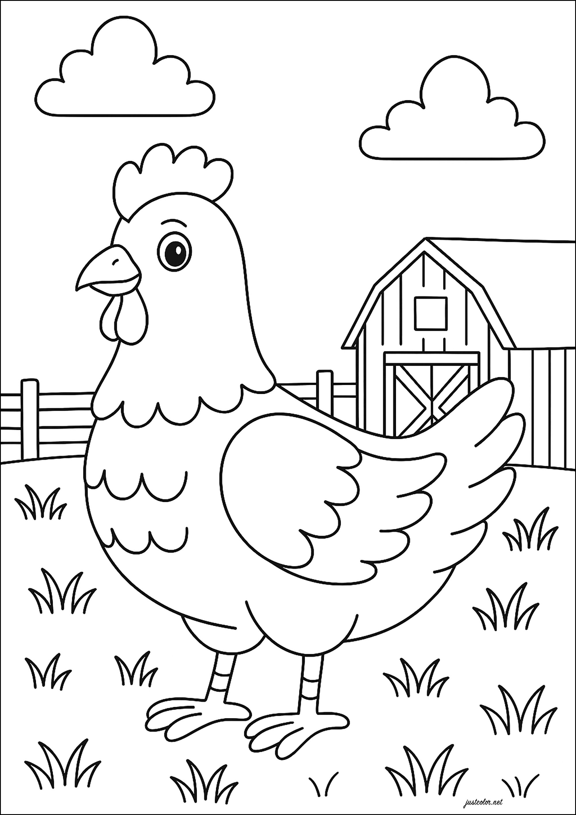農場の可愛いめんどり - 子ども向けぬりえページ：農場, image size:2000x2828