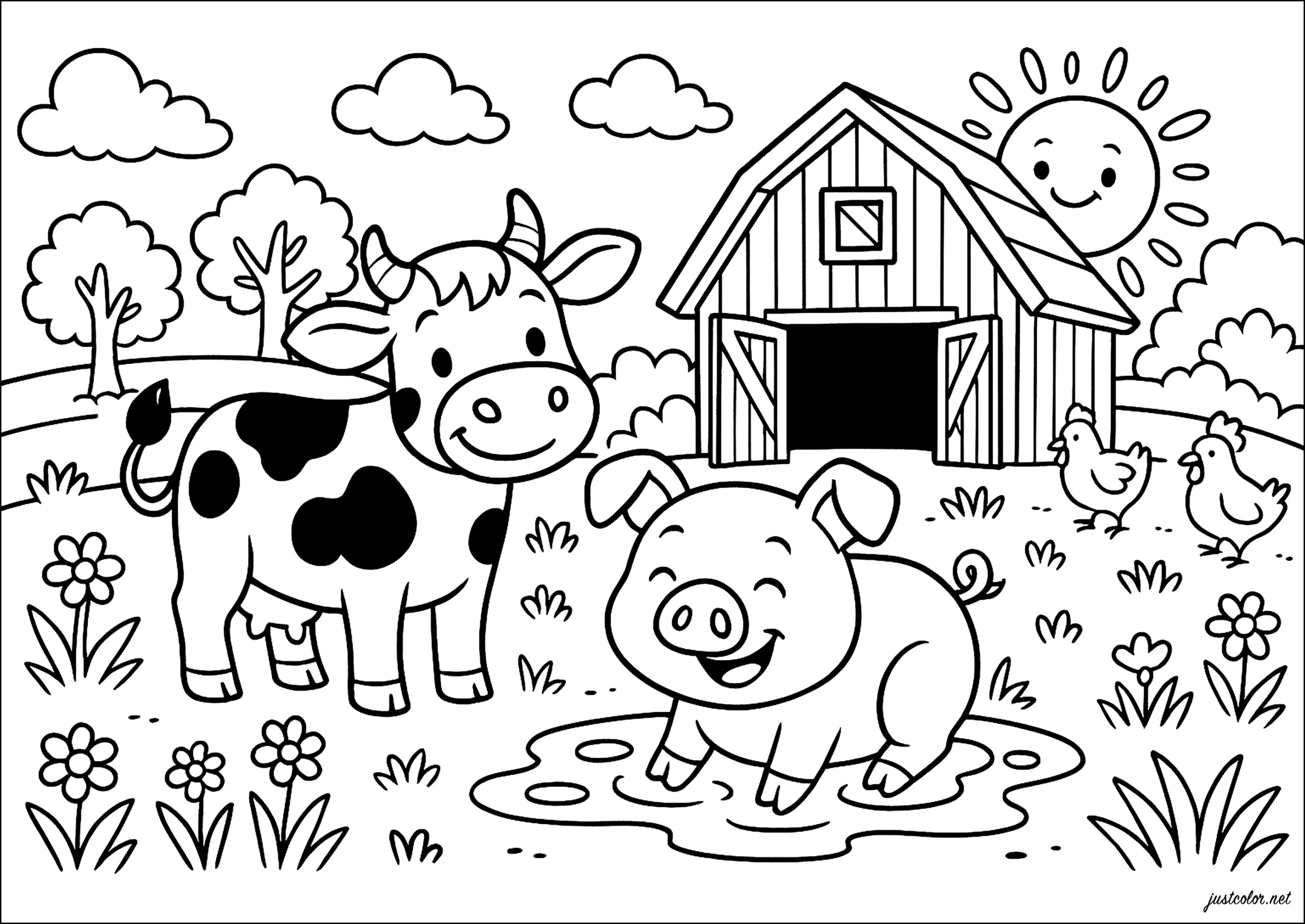 農場での晴れた日 - 子ども向けぬりえページ：農場, image size:2834x2006