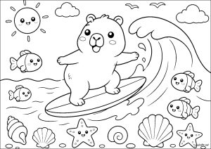 カピバラのサーファーと笑顔の魚たち