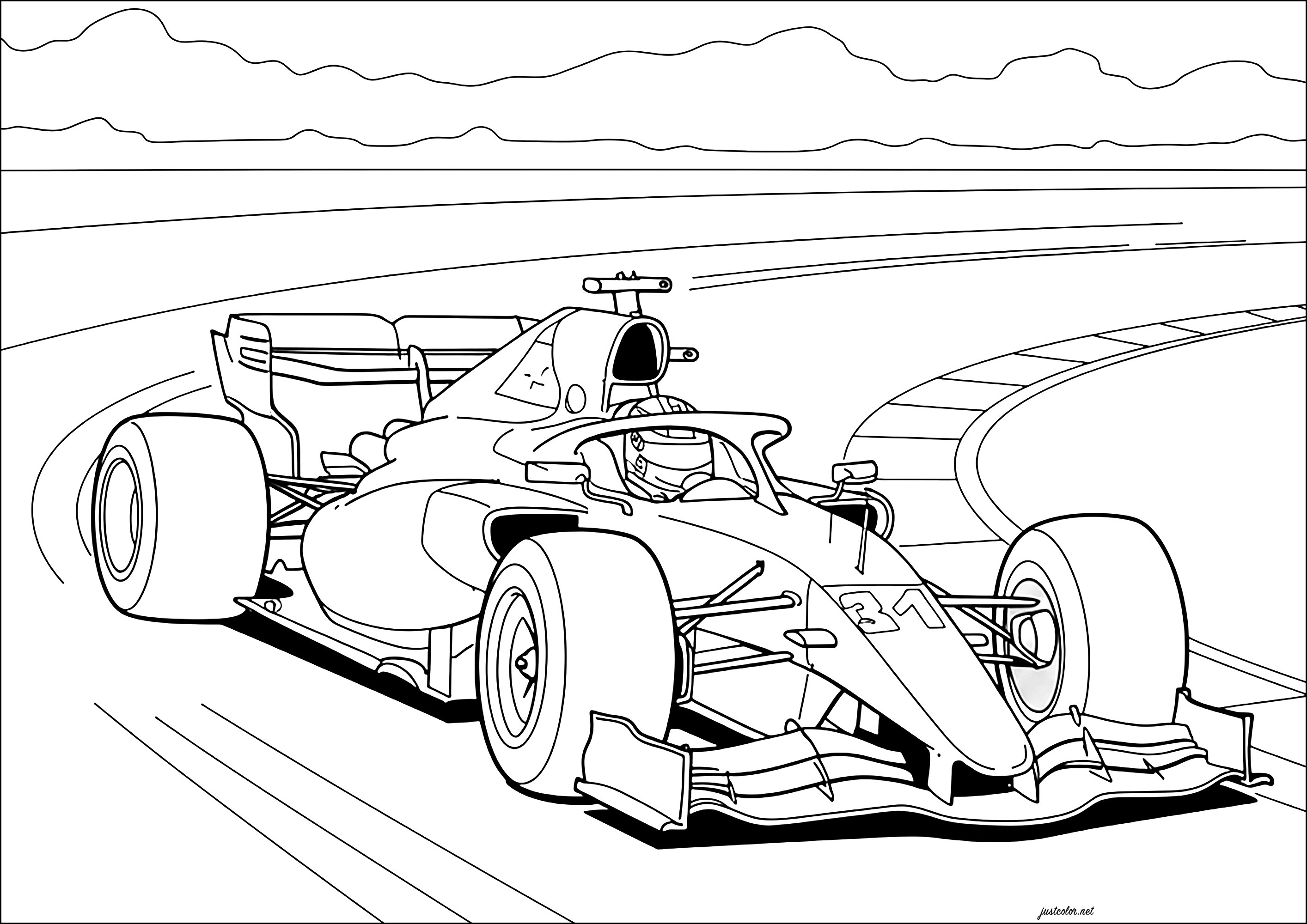 レースサーキットでのフォーミュラ -1 (子ども用印刷ぬりえ:F1レーシング)