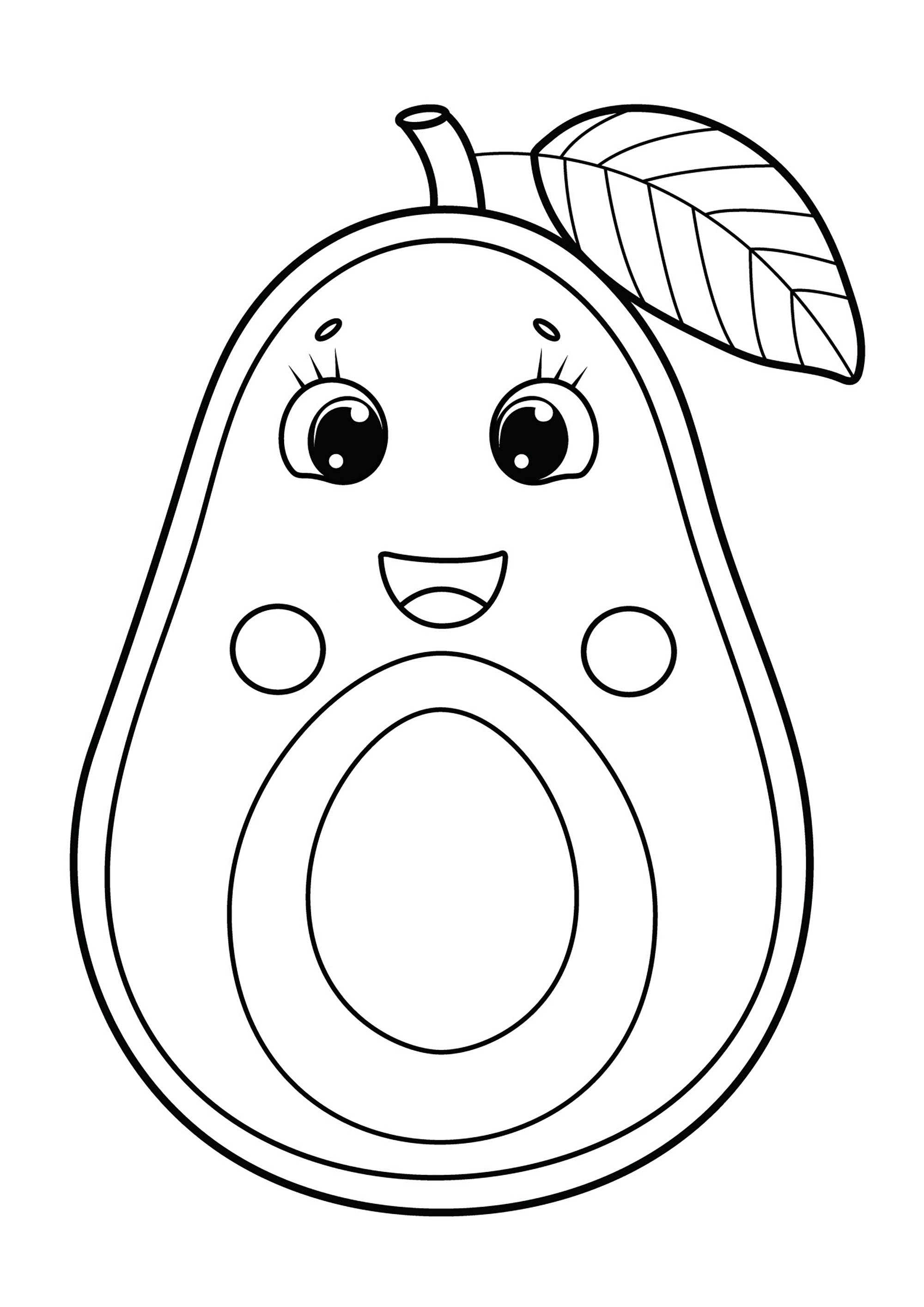 笑っているアボカド、小さな葉付き (子ども用印刷ぬりえ:アボカド)