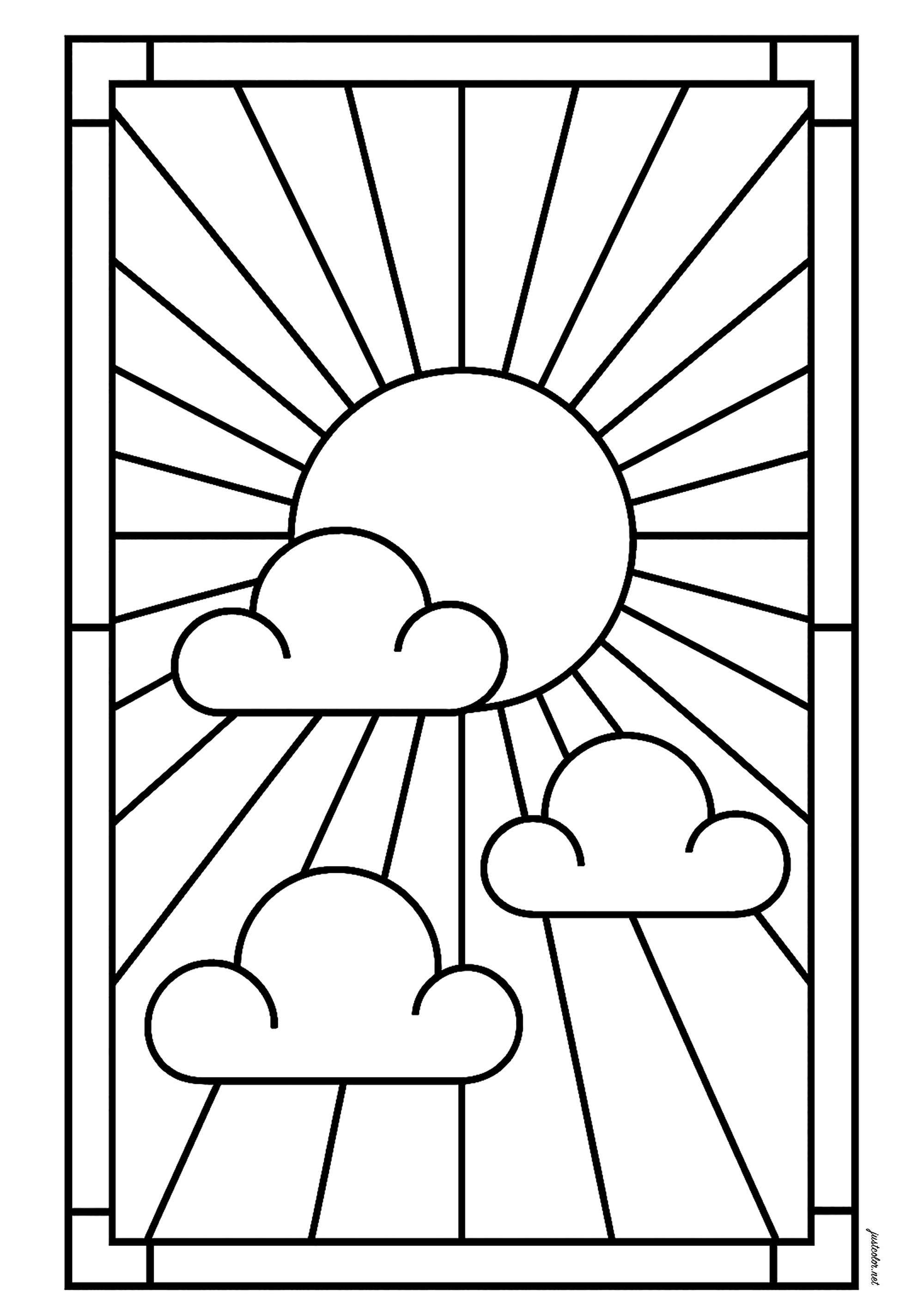 太陽と雲&アールデコ模様 (子ども用印刷ぬりえ:アール・デコ)