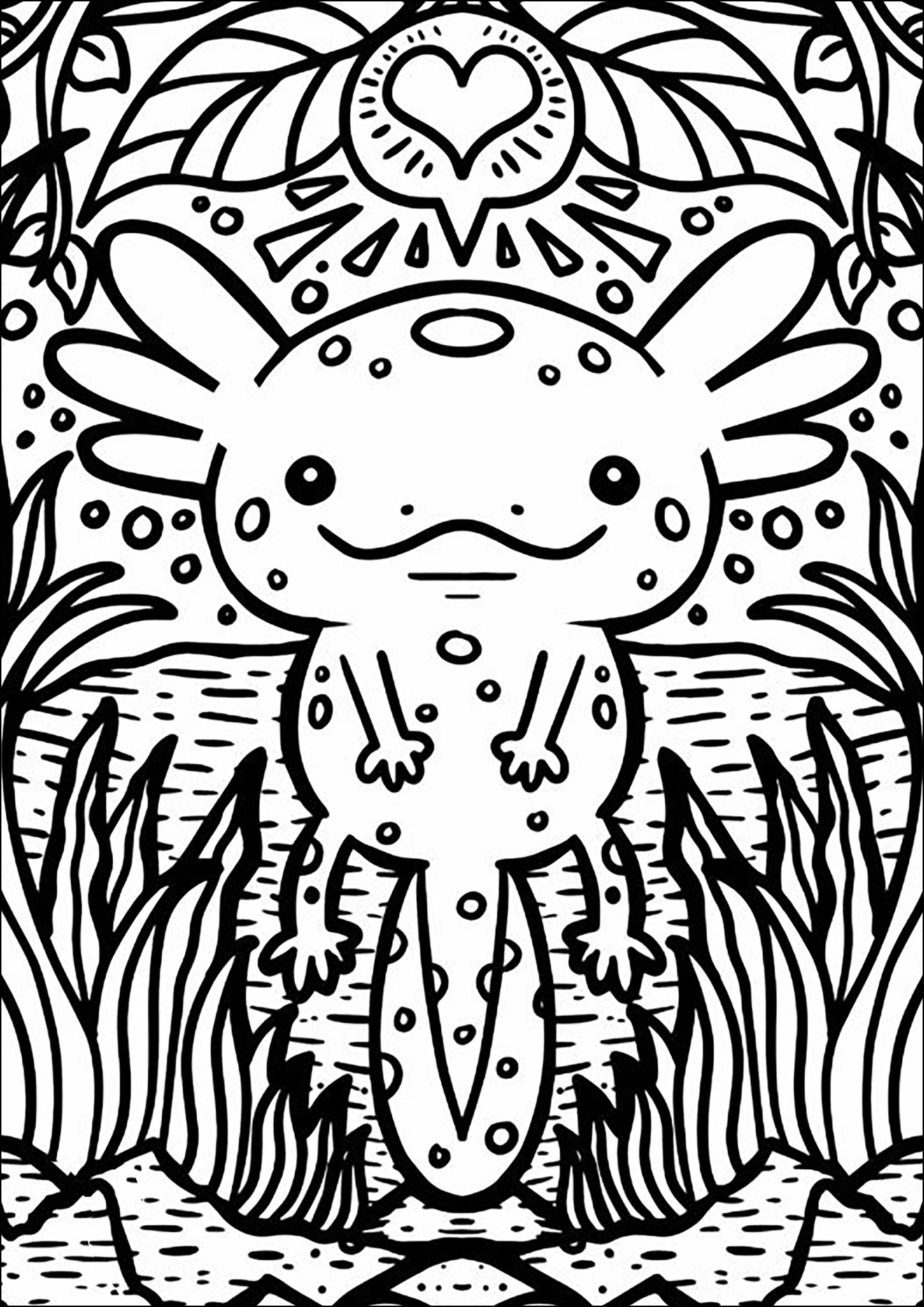 太い線で描かれたアホロートル (子ども用印刷ぬりえ:ウーパールーパー)
