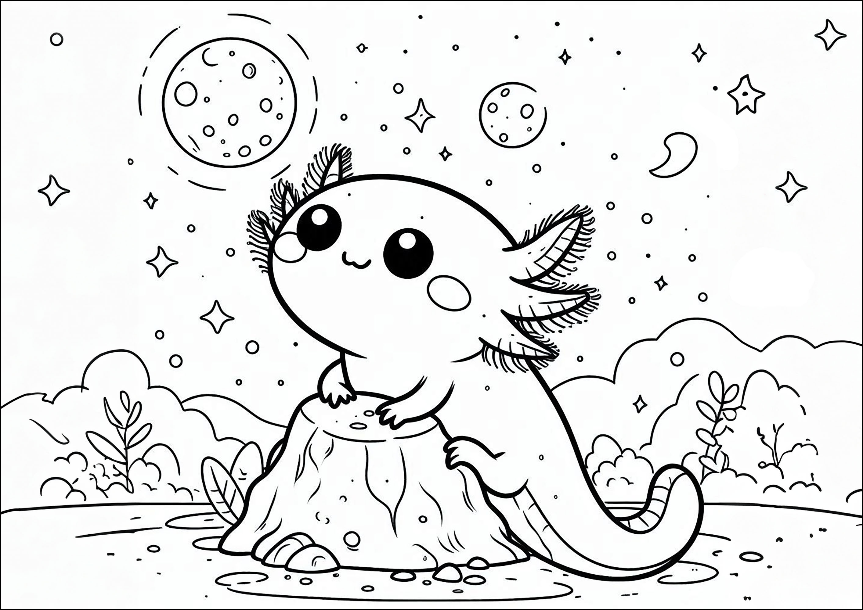 夜空と月を眺めるアホロートル (子ども用印刷ぬりえ:ウーパールーパー)