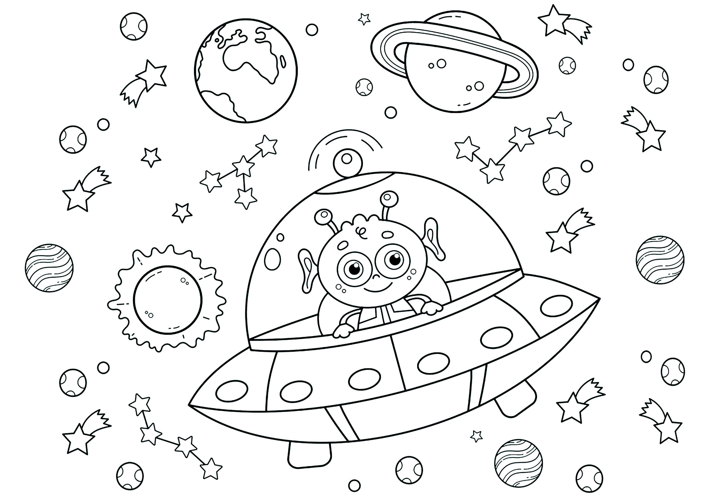 宇宙船の中の宇宙人、惑星の真ん中で (子ども用印刷ぬりえ:エイリアン)