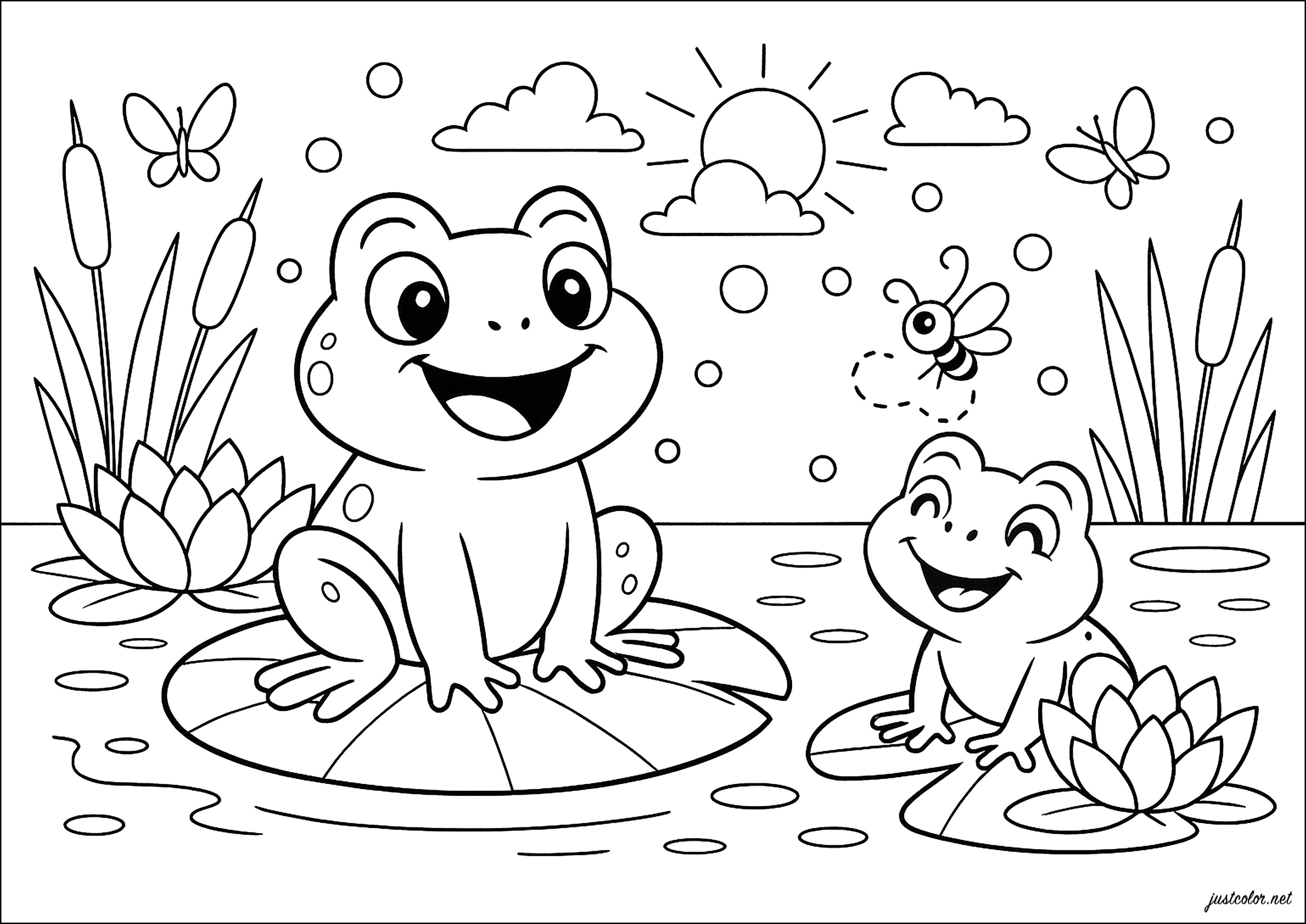 二 カエル 蓮の葉の上 (子ども用印刷ぬりえ:カエル)