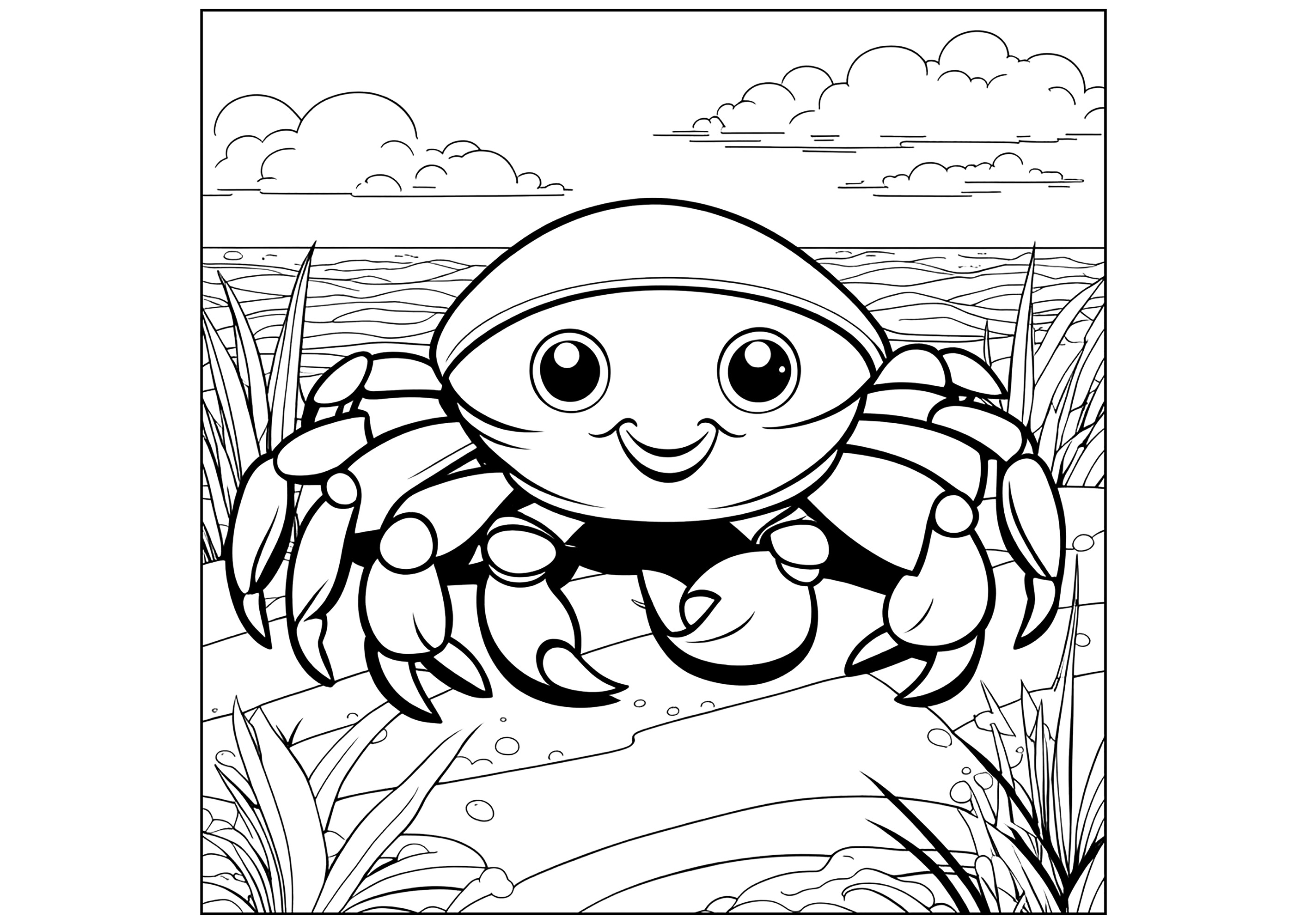 可愛らしい小さな塗り絵カニ (子ども用印刷ぬりえ:カニ)