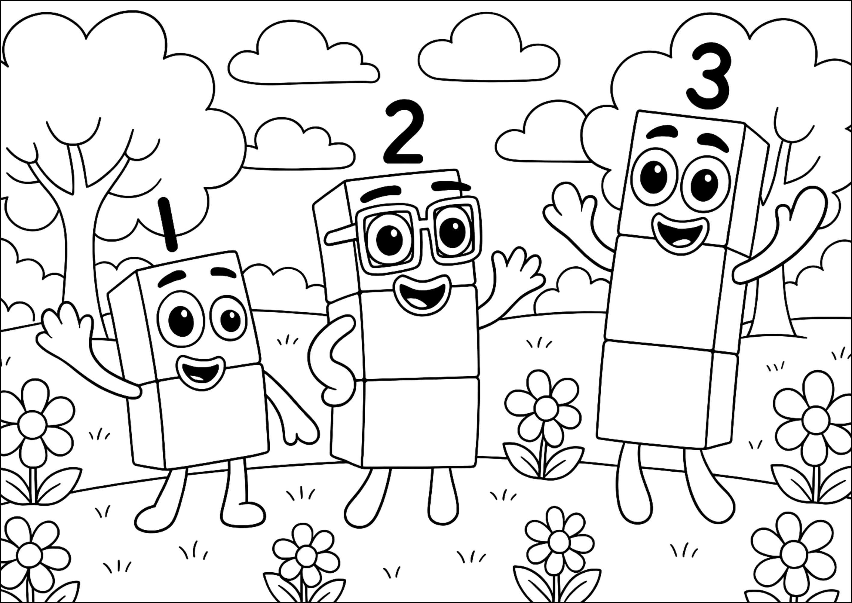 ナンバーブロックが公園で遊んでいます (子ども用印刷ぬりえ：カラフルな数字)